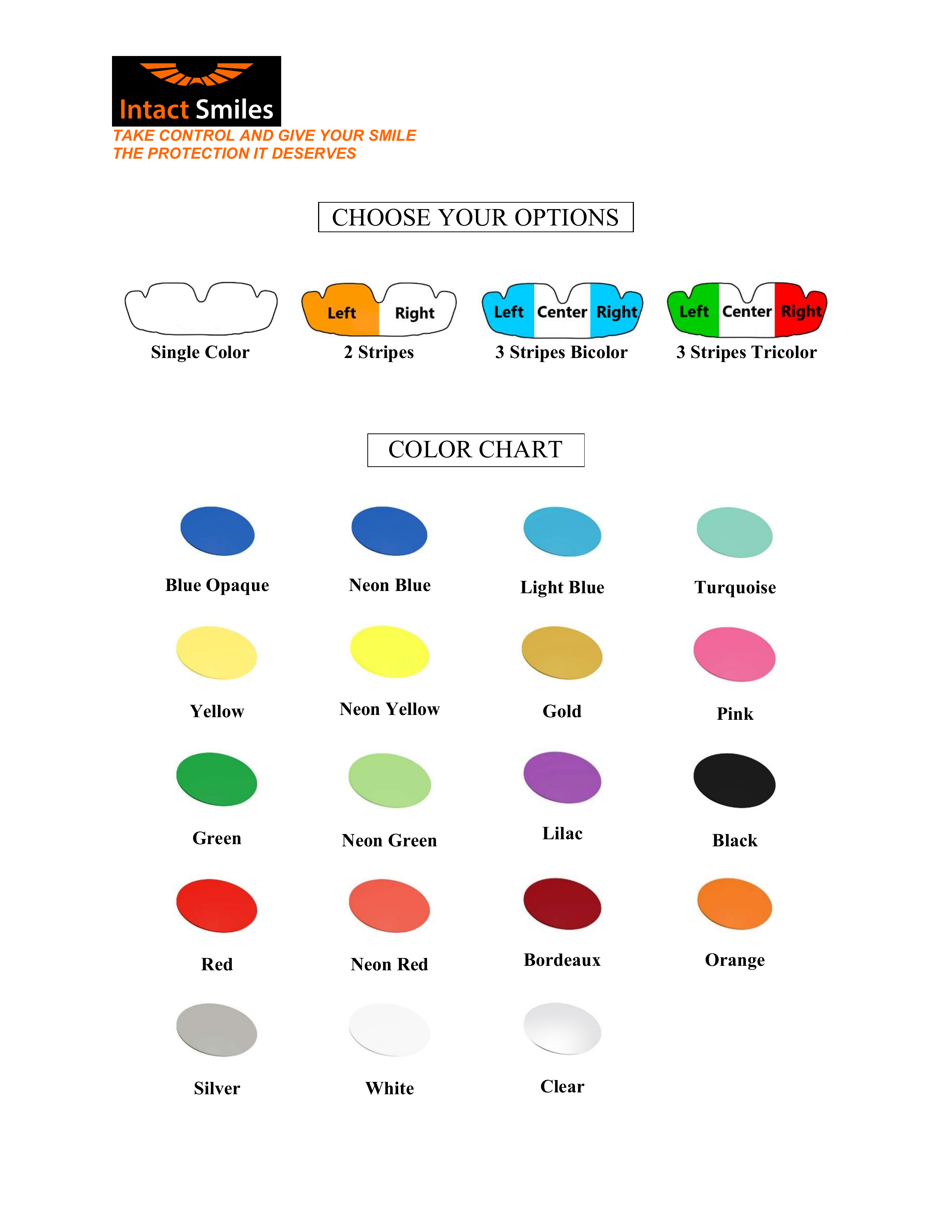Intact Smiles mouthguard design options and color chart